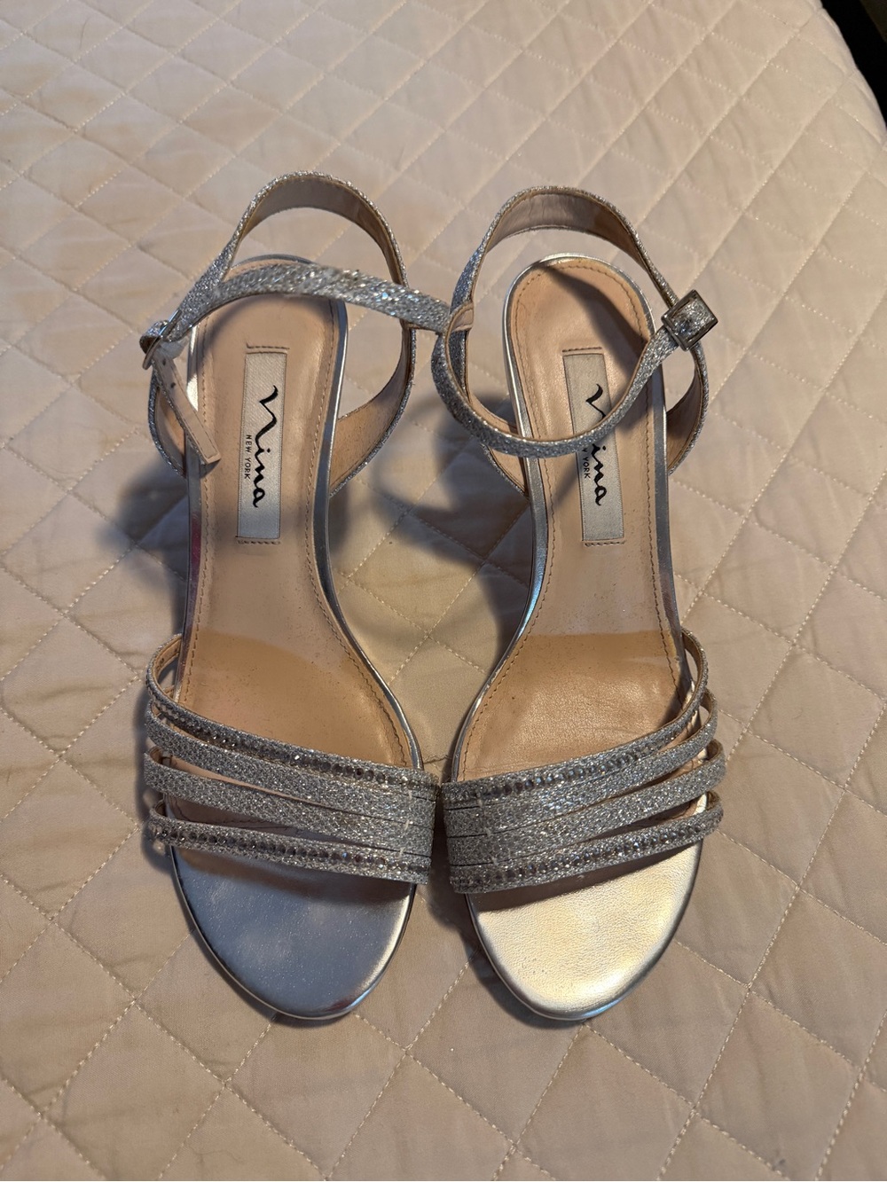Nina Silver Glitter Strappy Ankle Strap Heels